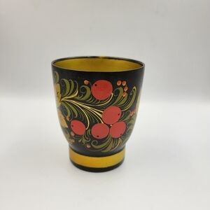 Vintage Khokhloma Russian USSR Hand Painted Wood Gold Red Berry Lacquer Cup